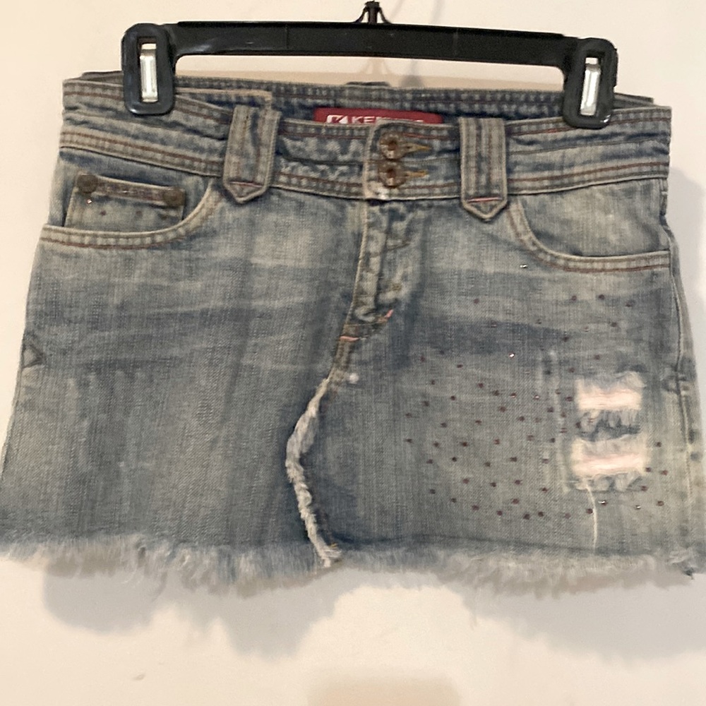 Kenvelo distressed embellished denim micro mini